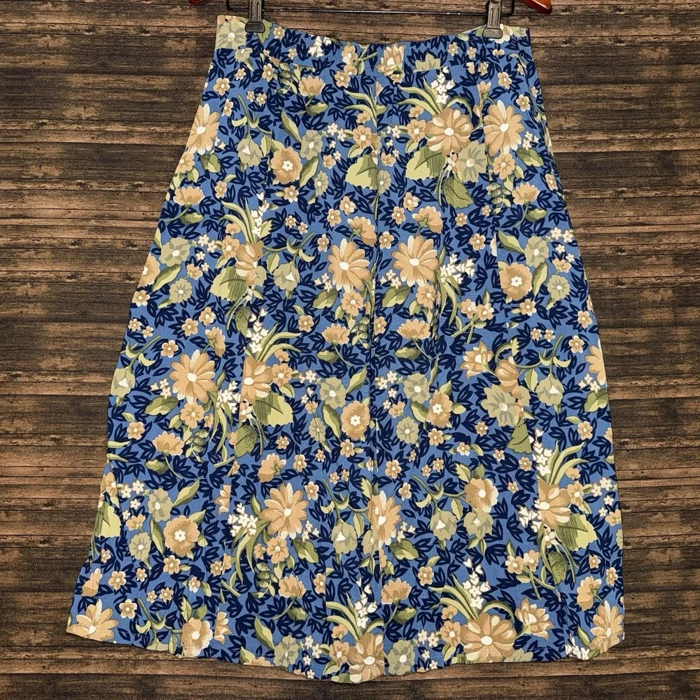Vintage Sag Harbor Petite Midi Skirt Large Navy Blue Floral Button Front Rayon
